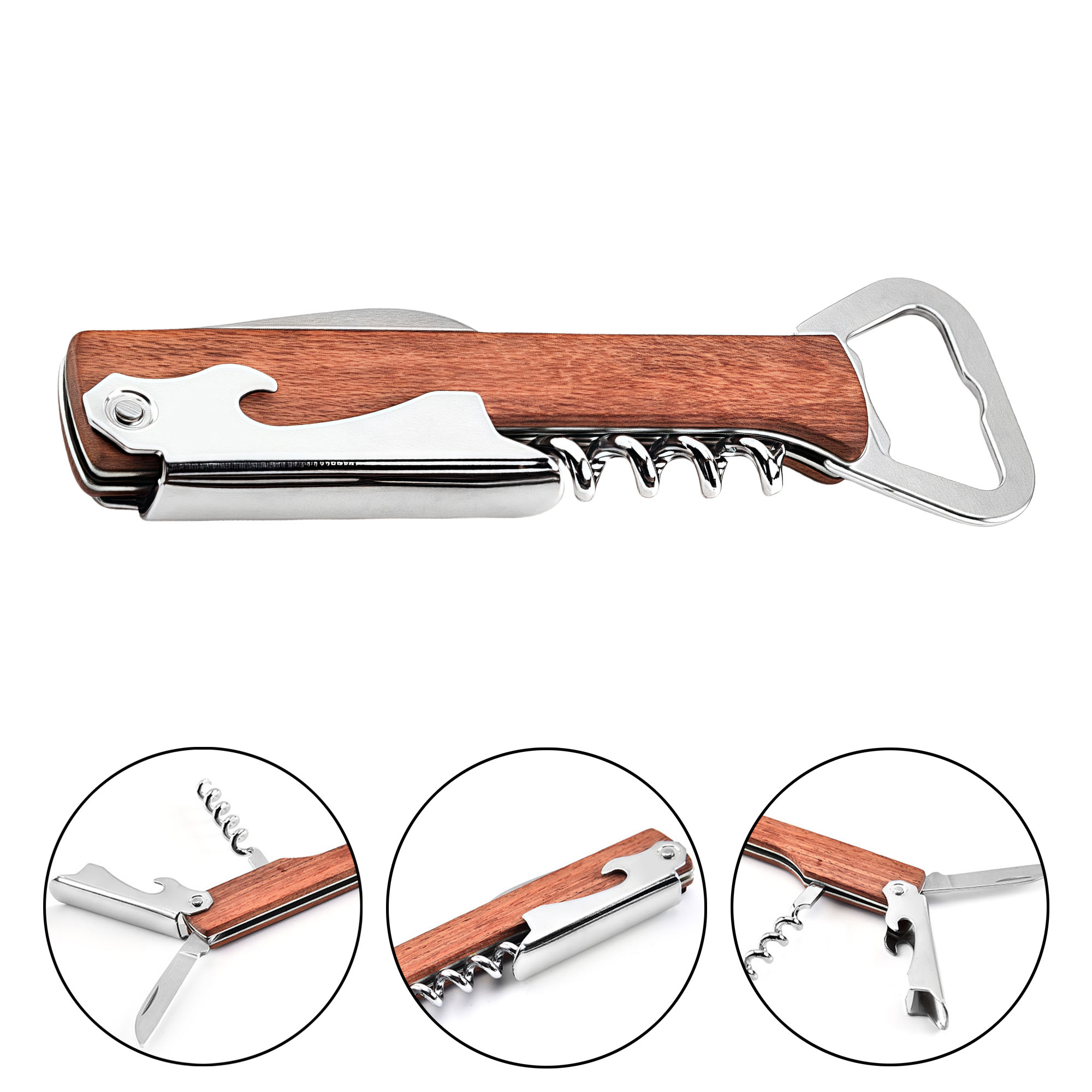 Multi-Function Wooden Corkscrew Bottle Opener with Streamline Handle and Sharp Knife 2