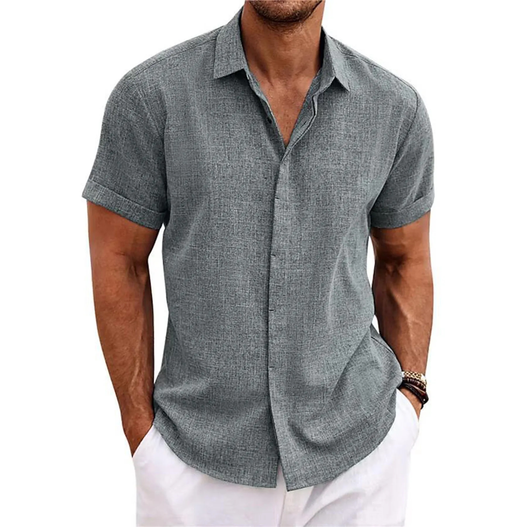 Men's Linen Short Sleeve Casual Shirts 15