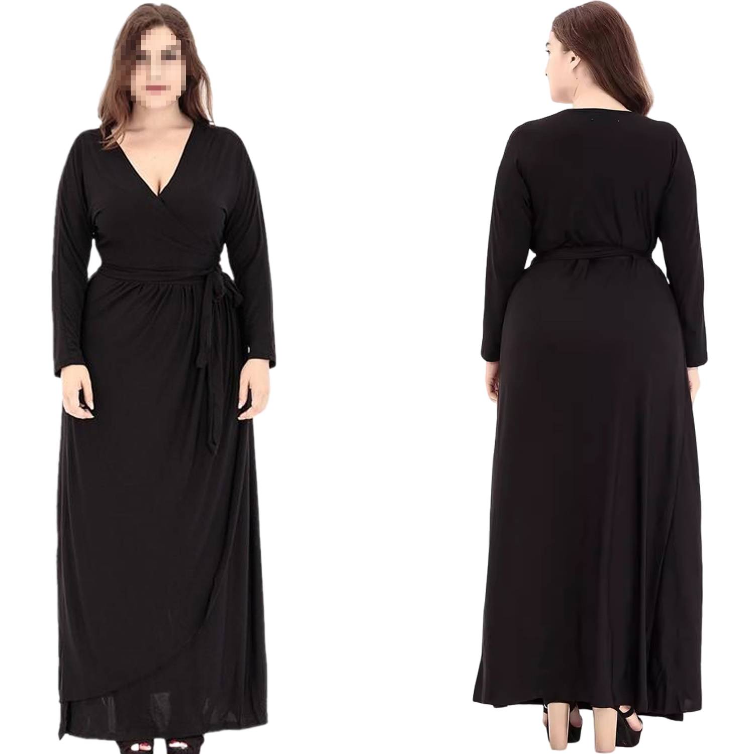 V Neck Long Sleeve Knit Dress w/ Tie Waist 3