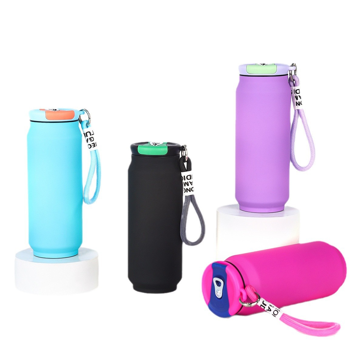 17 oz Rubberized Coated Can-Shaped Insulated Water Bottle W/ Handle Strap, custom water bottle with logo imprint 11