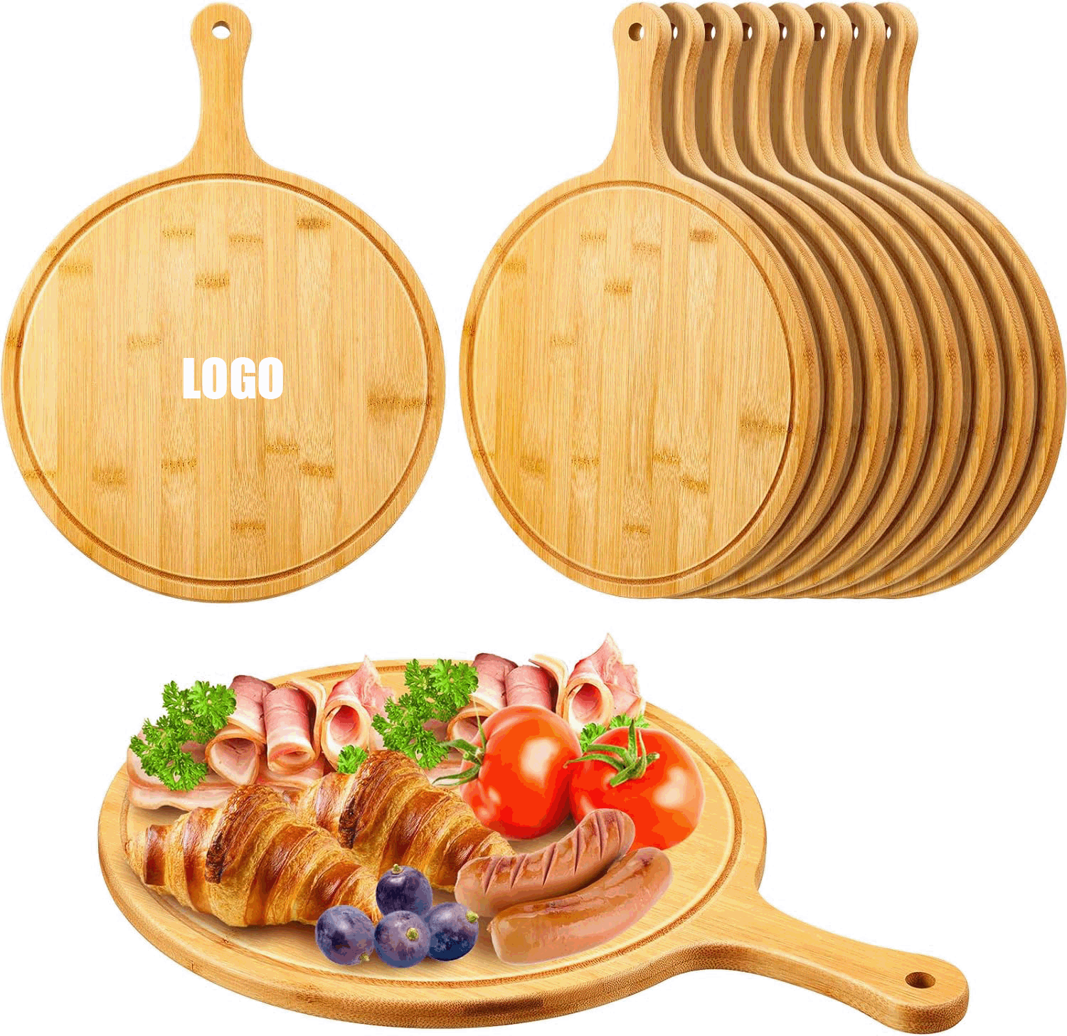 Pizza Cutting Board with Slice Grooves/Round Wood Cutting Board with Handle Wooden Serving Board 2