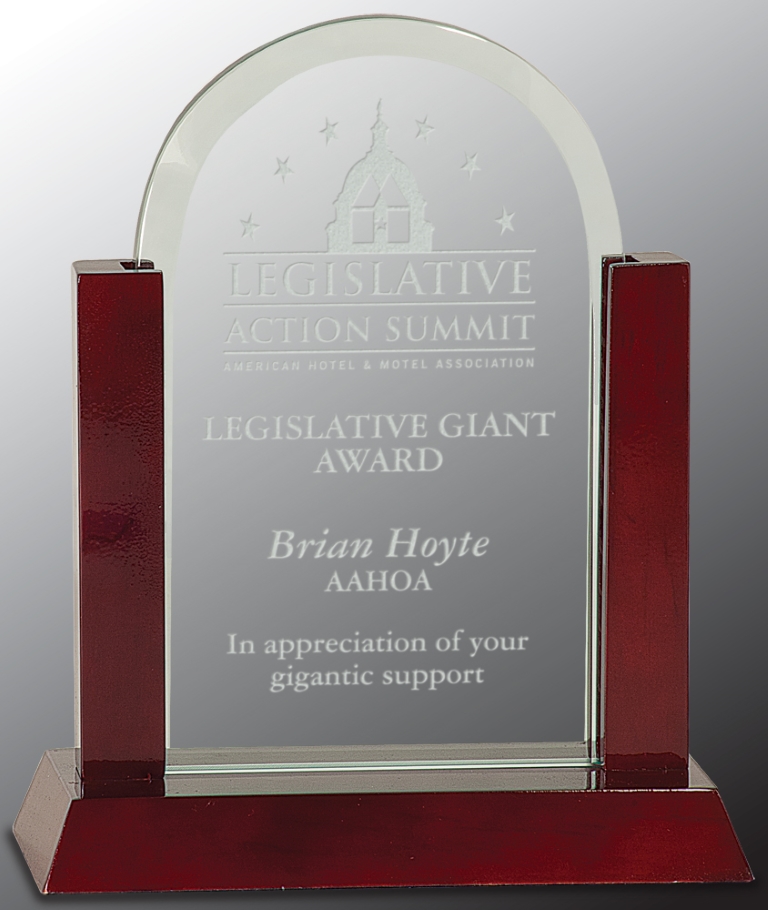 8" Jade Dome Gateway Glass Award with Rosewood Piano Finish Base