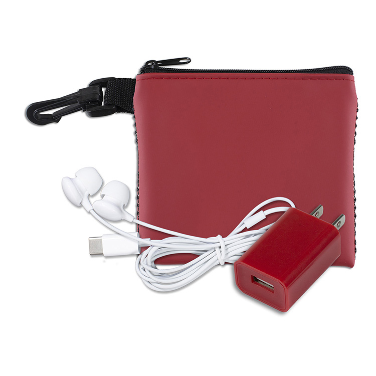 “TechMesh Charge” Mobile Tech Earbud and Charger Kit in Mesh Zipper Pouch Components inserted into Z 6