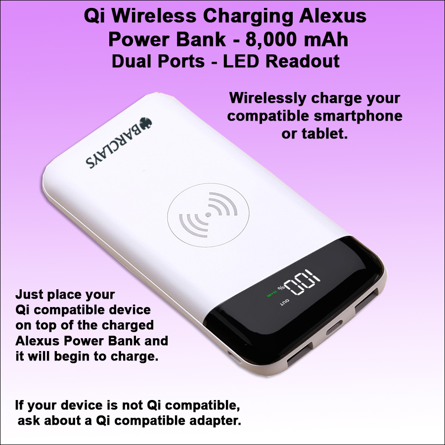 Qi Wireless Charging Alexus Power Bank 8000 mAh- White