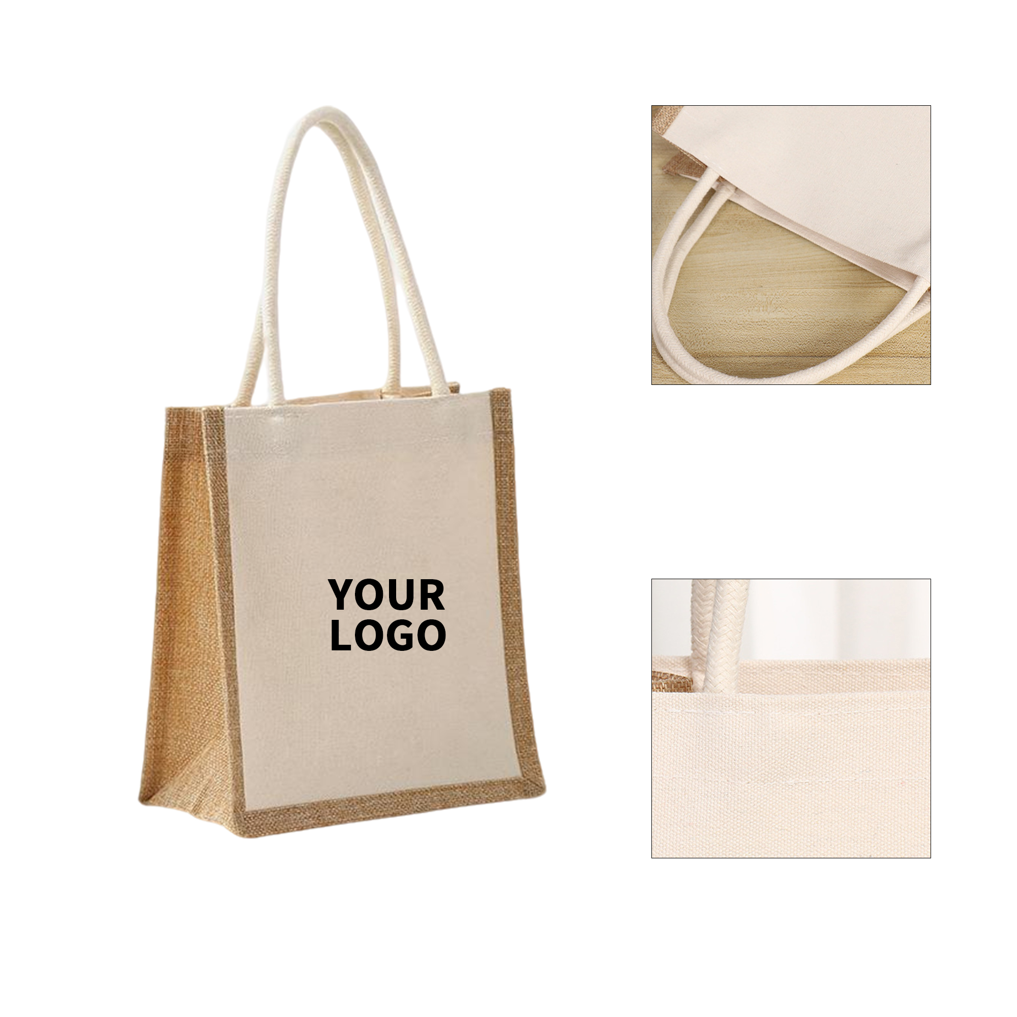 Jute Canvas Patchwork Carry Tote With PE Liner, custom tote bag with logo imprint 2