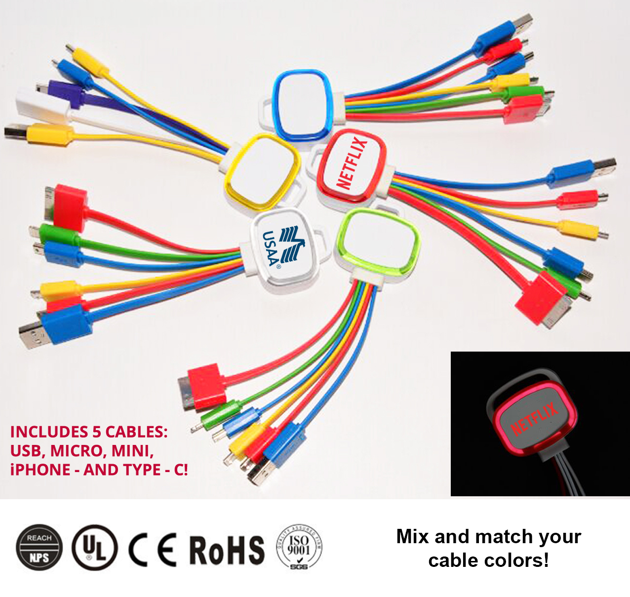 Light Up 5-In-1 Mobile USB Charging Cables - W/ Type C 2