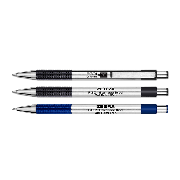 Zebra F-301A Aluminum Barrel Retractable Ball Point Pen with Stainless Steel Trim & Textured Grip