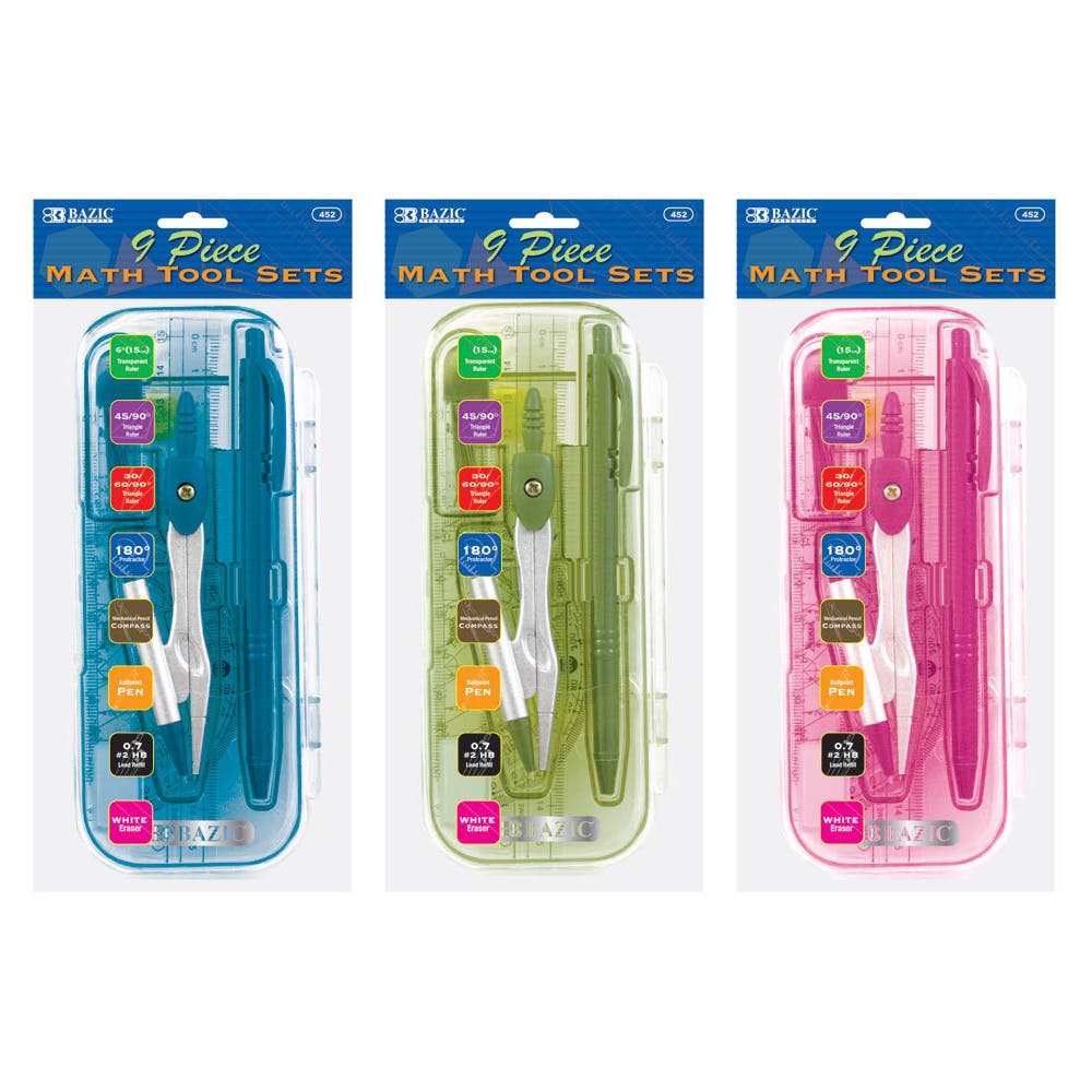 Math Tool Sets - 9 Piece Assorted Bright Colors 2
