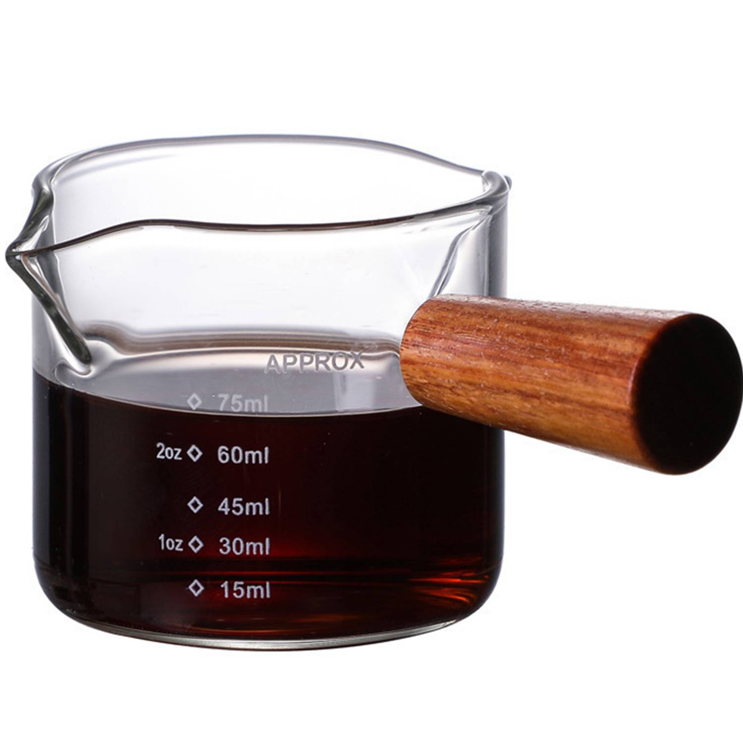 3 Oz Glass Double Spouts Measuring Cup with Wood Handle 3