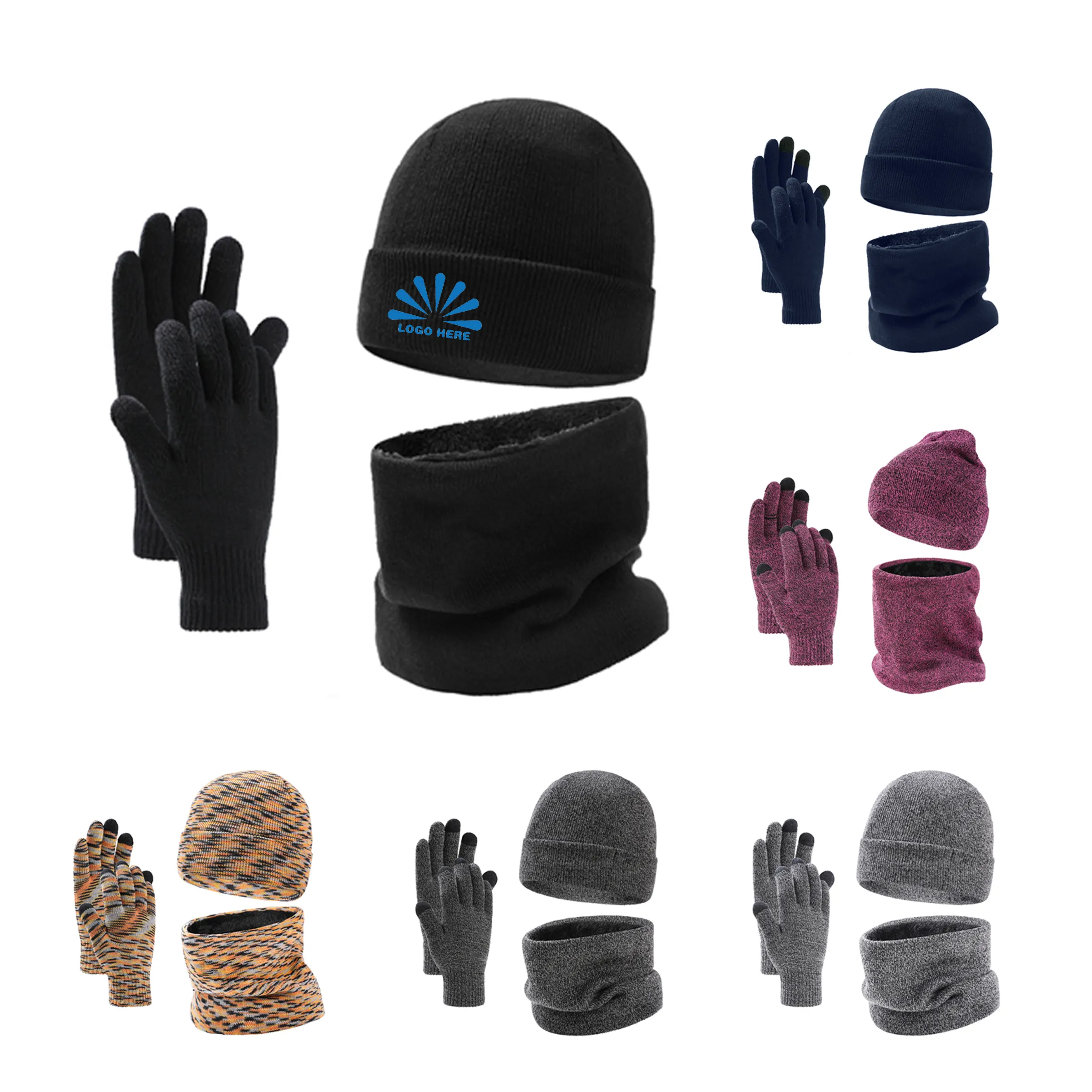 Winter Beanie Hat Scarf Touchscreen Gloves Set 3