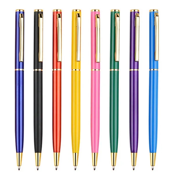 Slim Metal Hotel Ballpoint Pen with Gold Accents 4