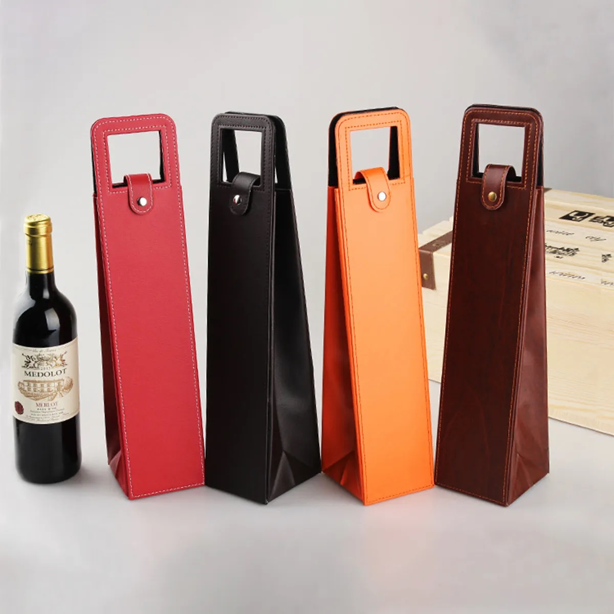 Single Bottle Premium Leather Reusable Wine Bag with Handle 5