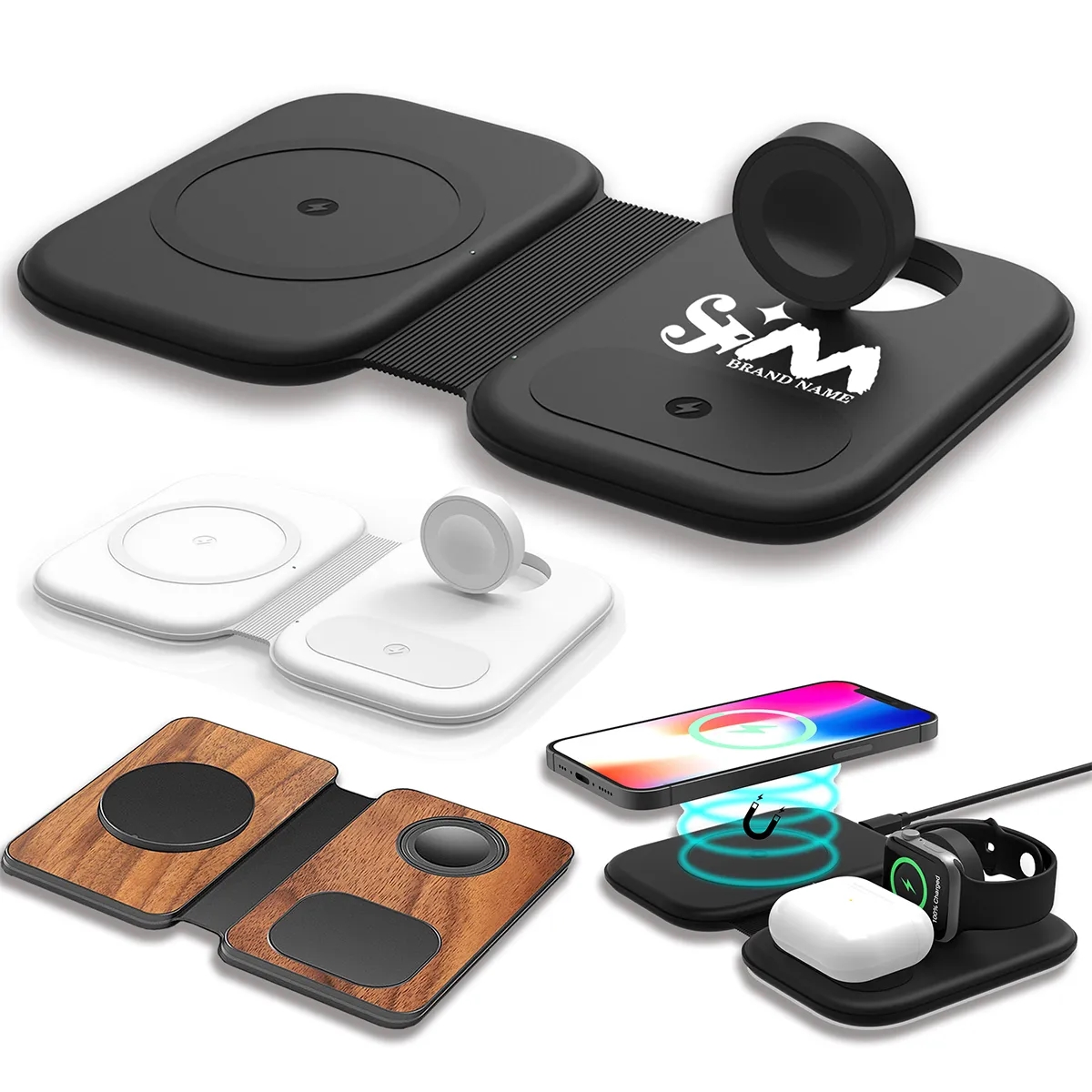 3 In 1 Bamboo Wood Magnetic Folding Fast Wireless Charger 3