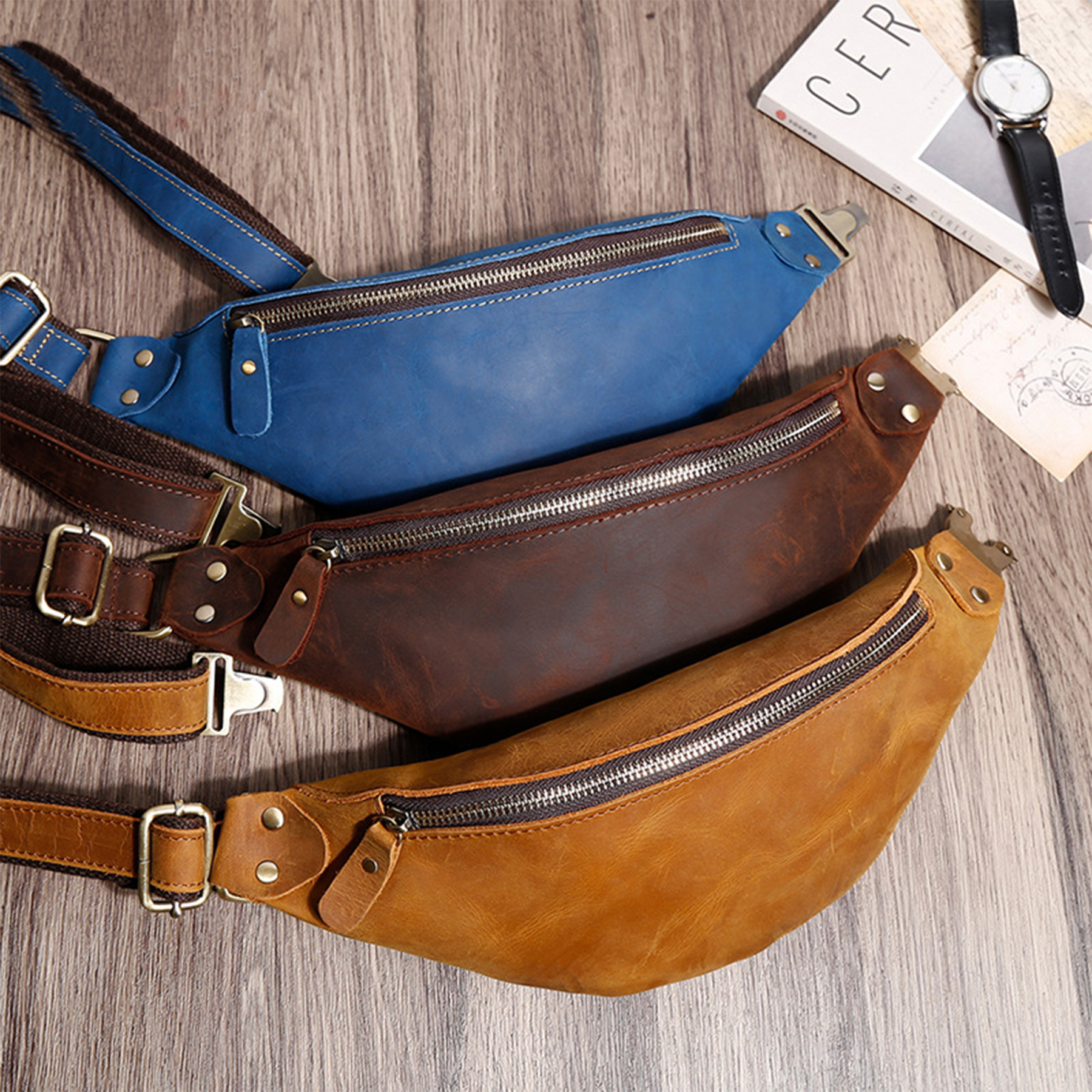 Durable Cowhide Leather Fanny Pack for Men Women 3