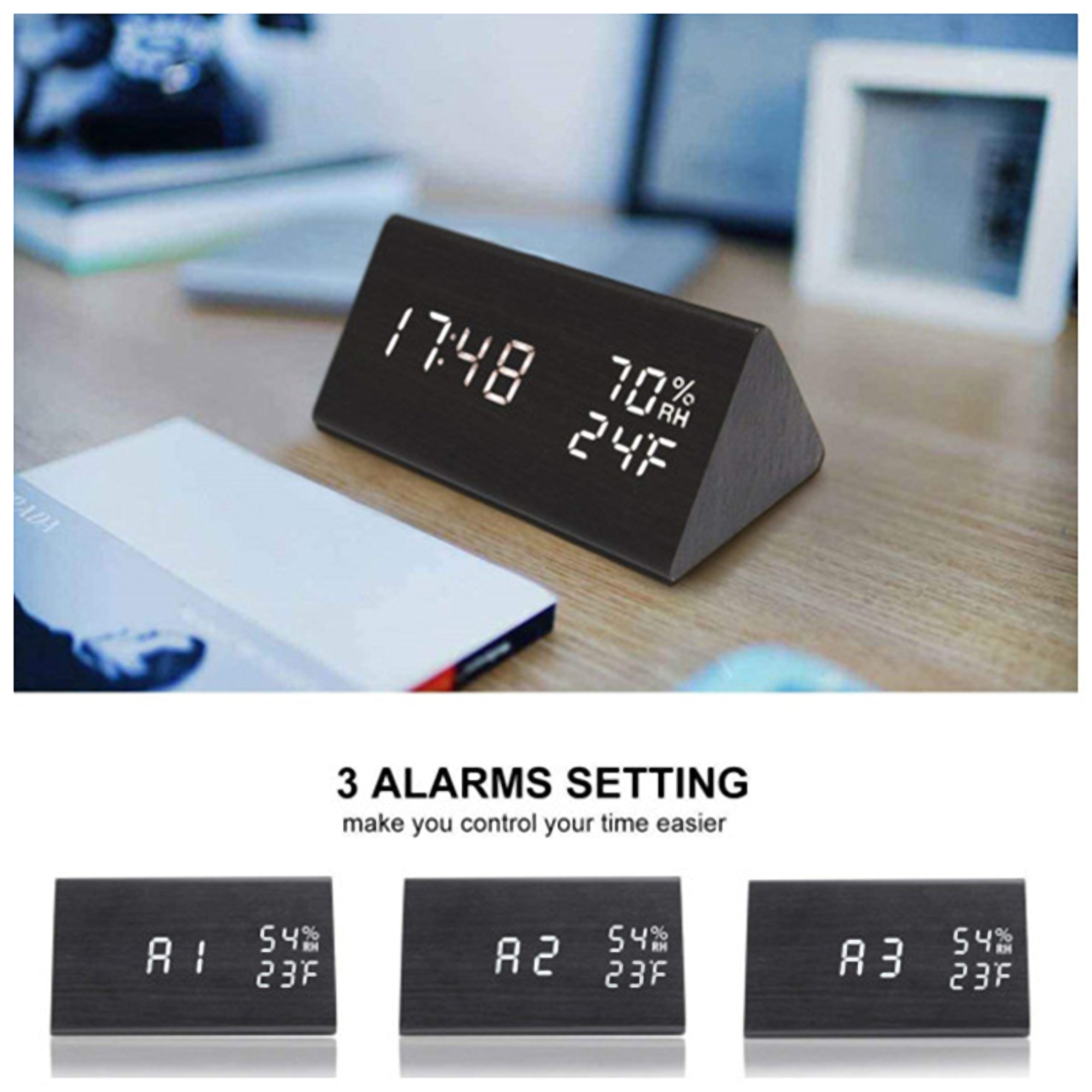 Bedside LED Alarm Clock w/Temperature & Humidity 4