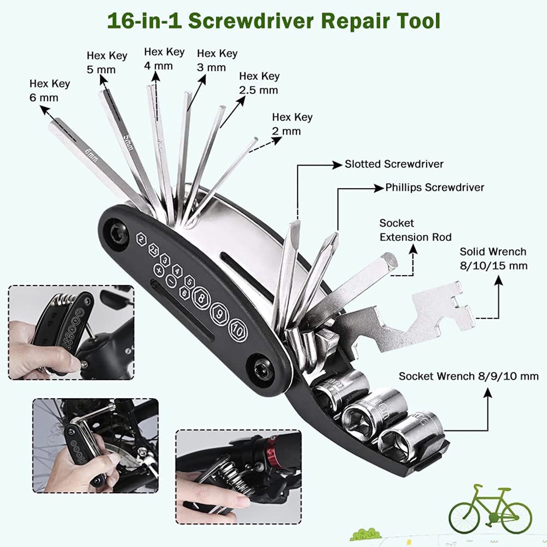 Bike Repair Kits With 16 in 1 Multi-Function Tools And Pump 5