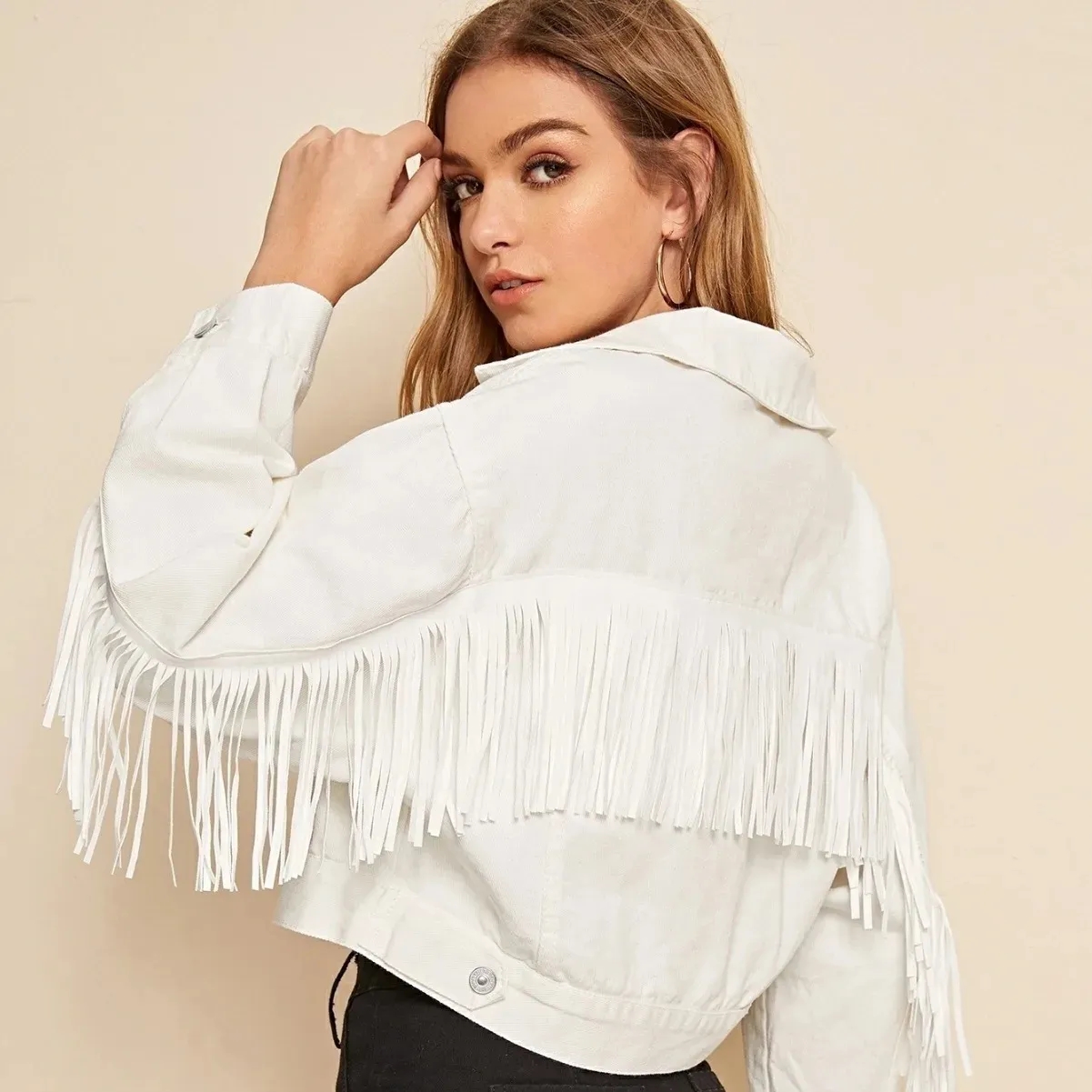 Women's Oversized Denim Jacket with Fringe Details 2