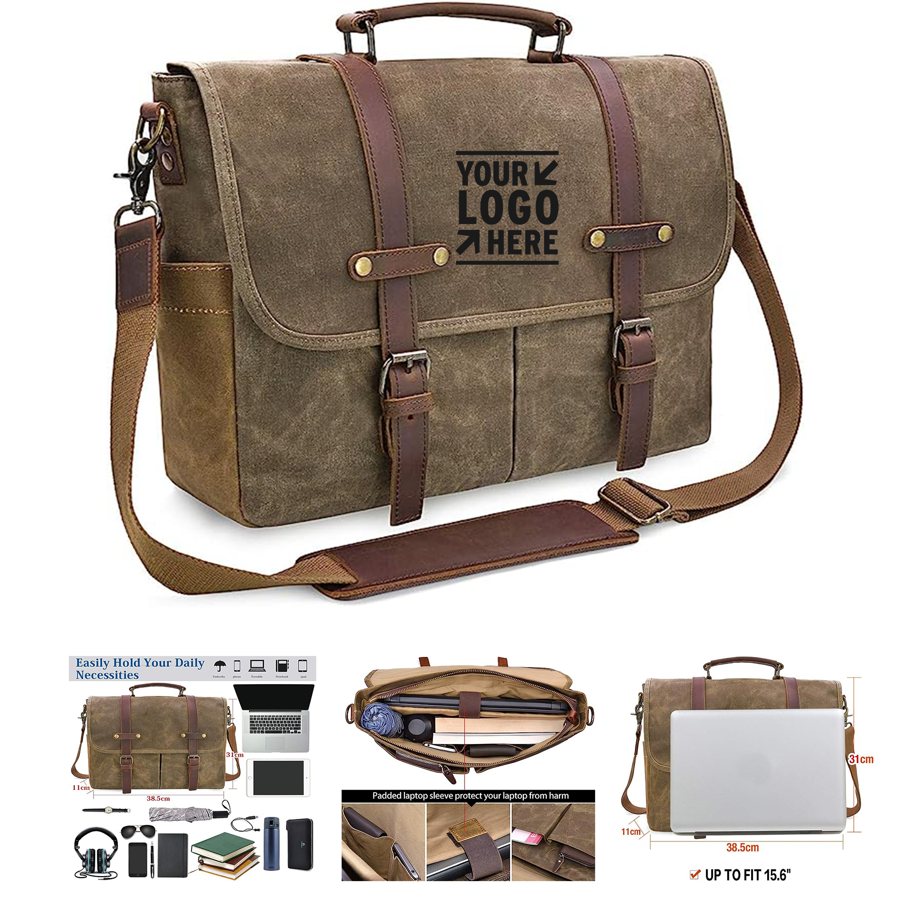 15.6 Inch Mens Waterproof Vintage Genuine Leather Waxed Large Satchel Shoulder Messenger Bag