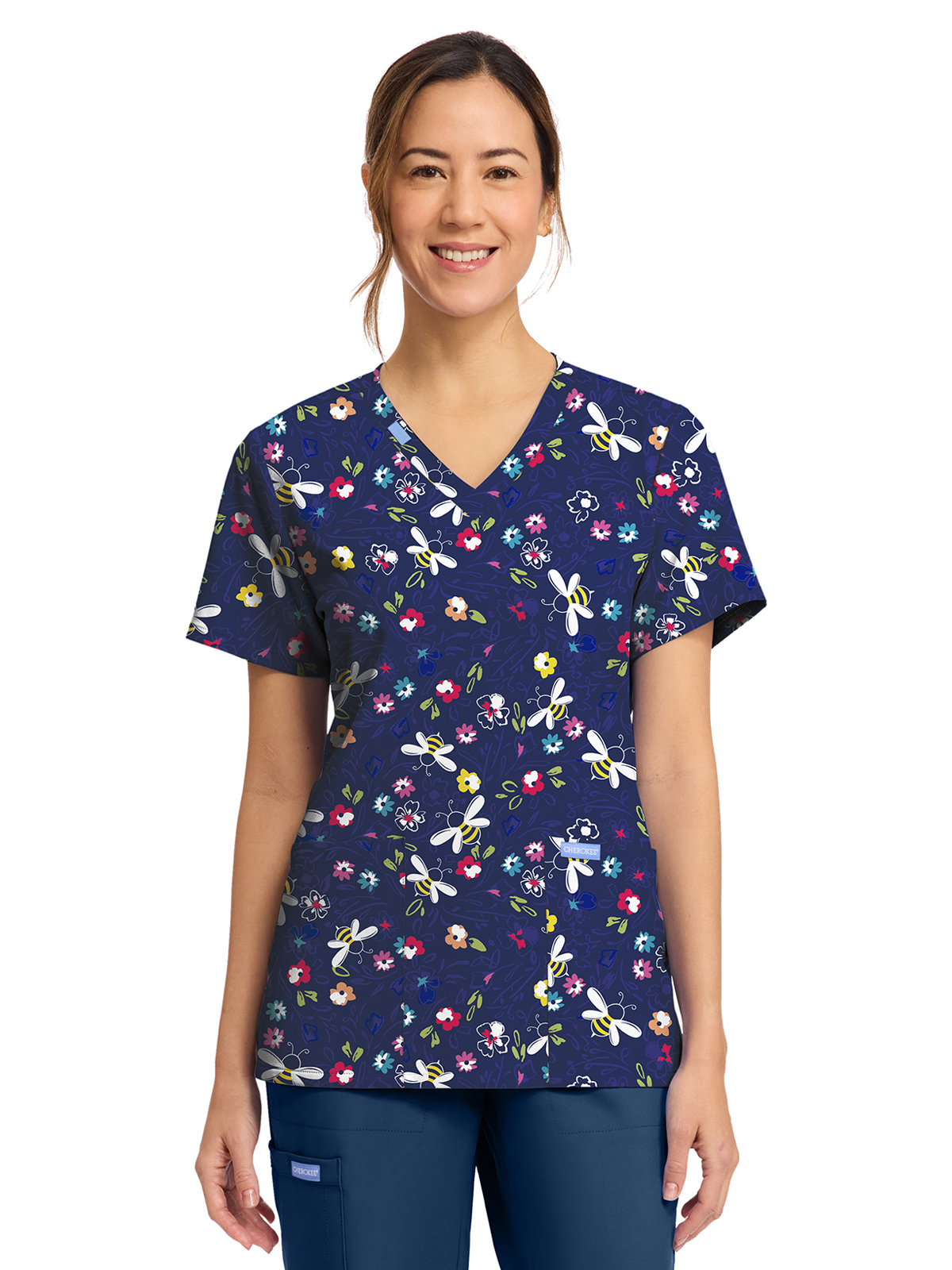 Cherokee - Genuine - Women's 2-Pocket Print V-Neck Scrub Top 10