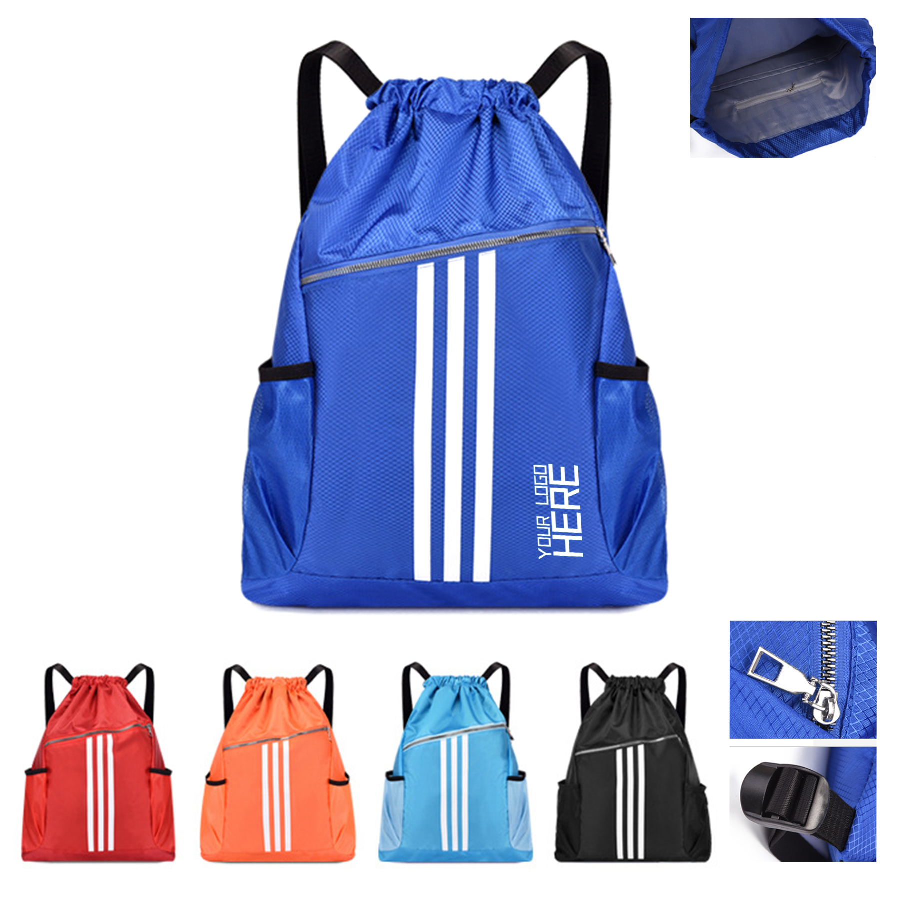 Drawstring Backpack With Zipper And Bottle Holder 2