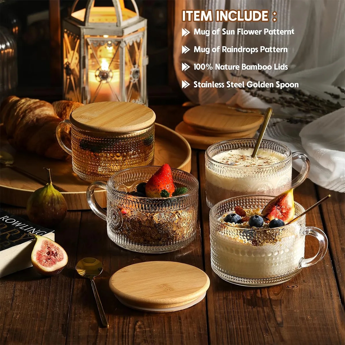 14oz Embossed Glass Iced Coffee Mugs Cups with Lids 2