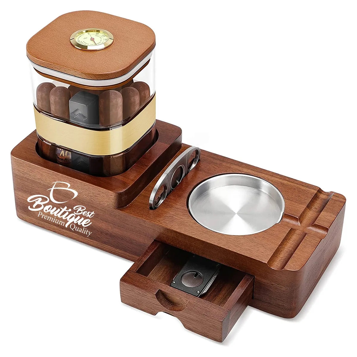 Wooden Cigar Case Humidor Ashtray Set With Cutter Office 7