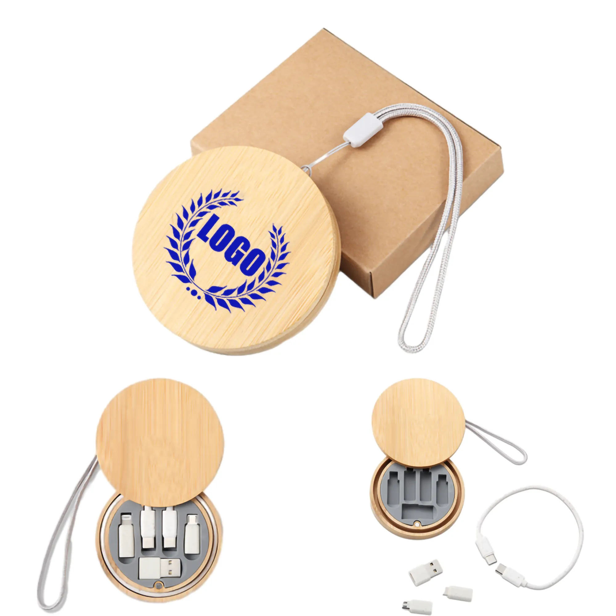 Round Bamboo Multi USB Charging Adapter Cable Kit for Travel 3