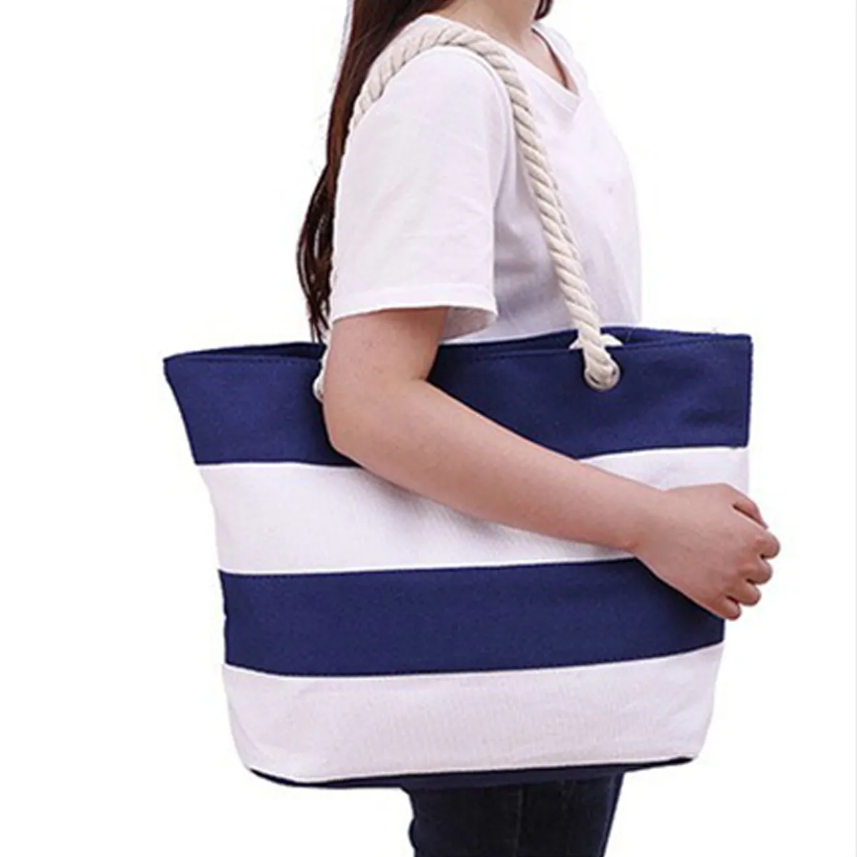 Striped Canvas Beach Tote Bag With Rope Handles 3