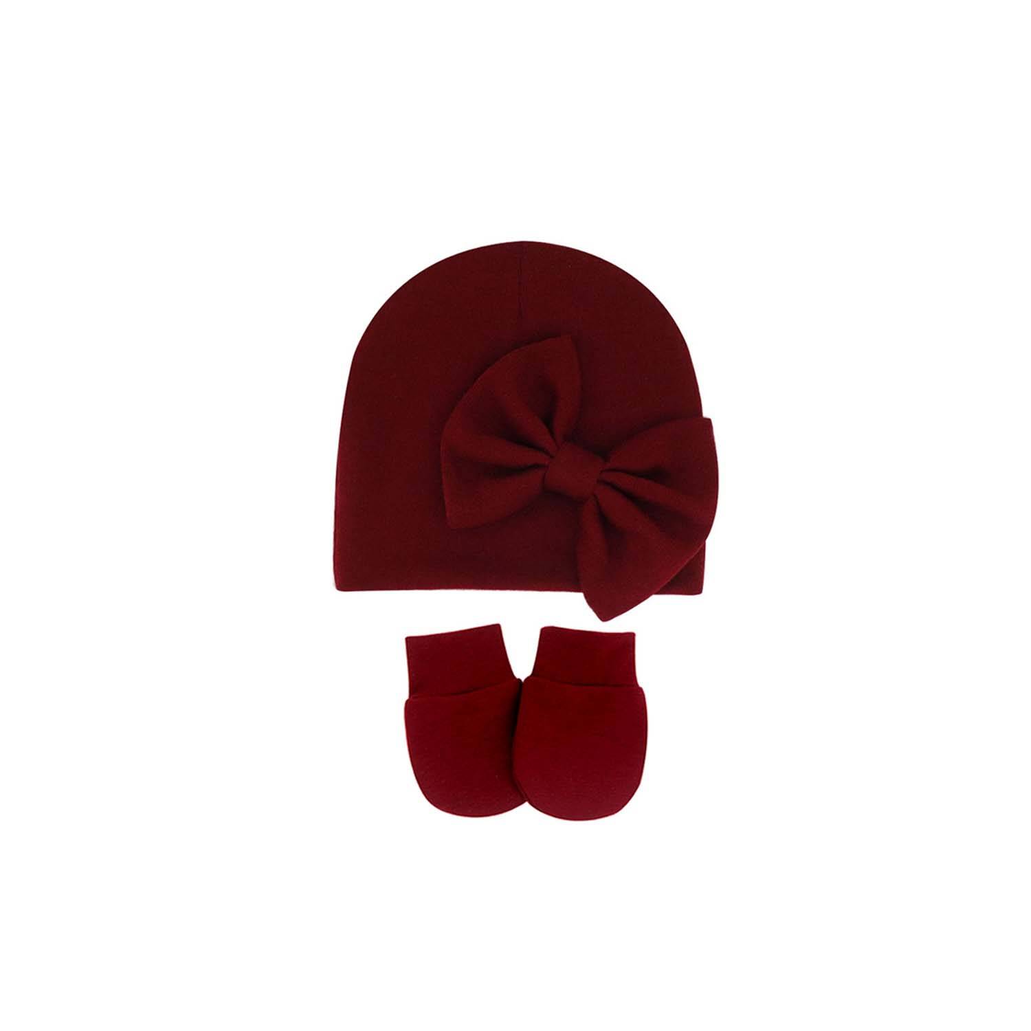 0-6 Months Solid Color Anti Scratch Gloves Bow Baby Hat 3