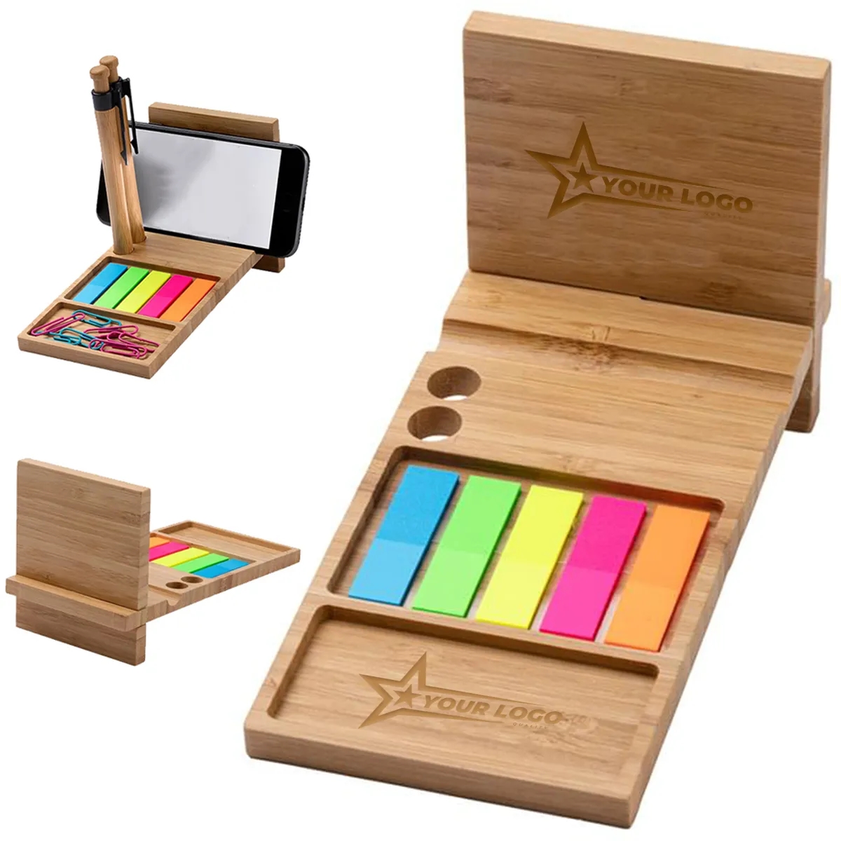 Bamboo Wood Desk Organizer with Mobile Stand and Pen Holder 2