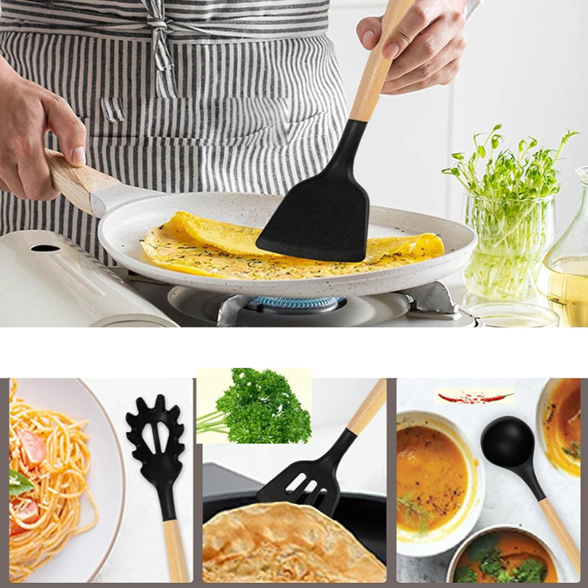 12-Piece Silicone Kitchen Utensil Set with Wood Handles 9
