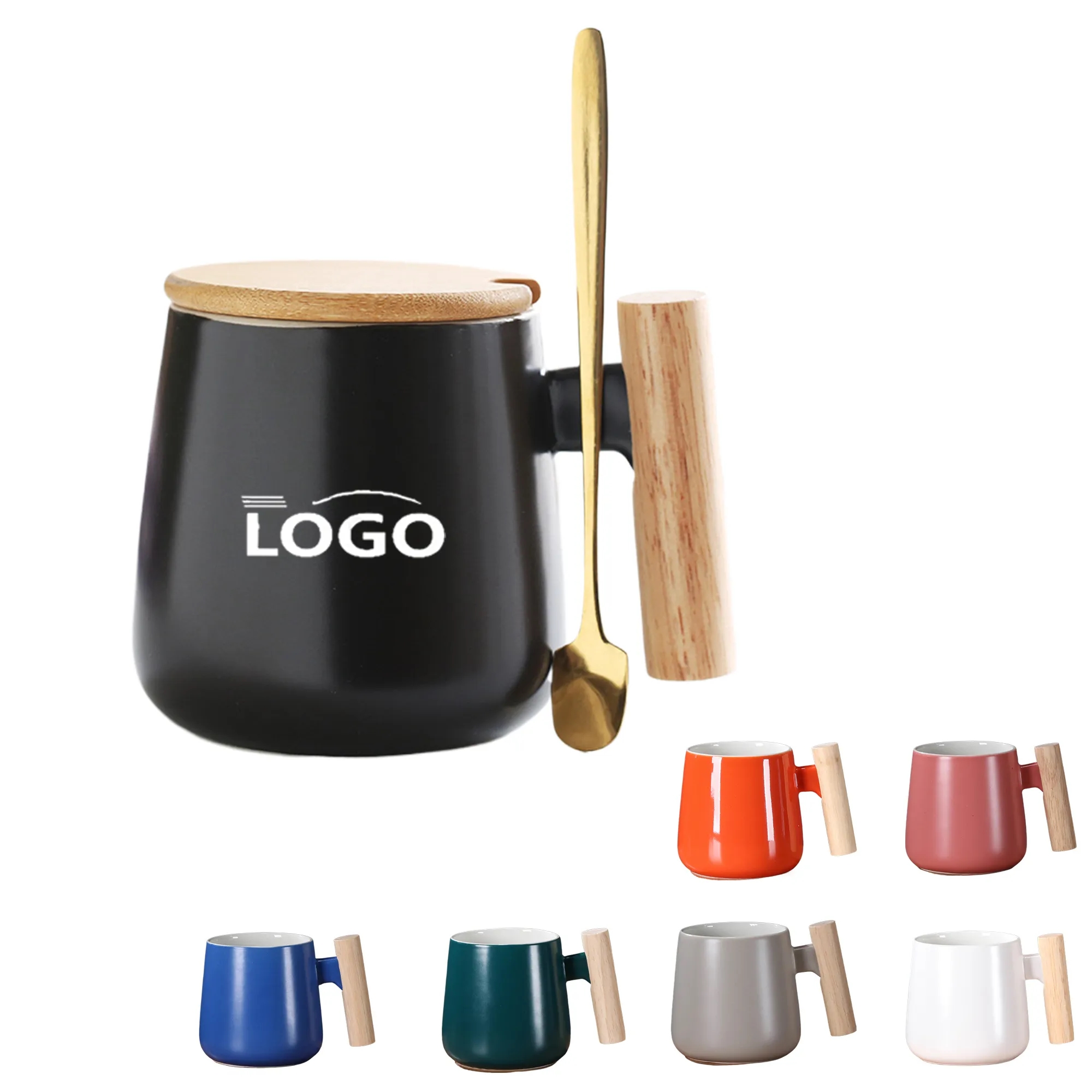MOQ50 Simple Ceramic Mug with Wooden Handle and Spoon 11