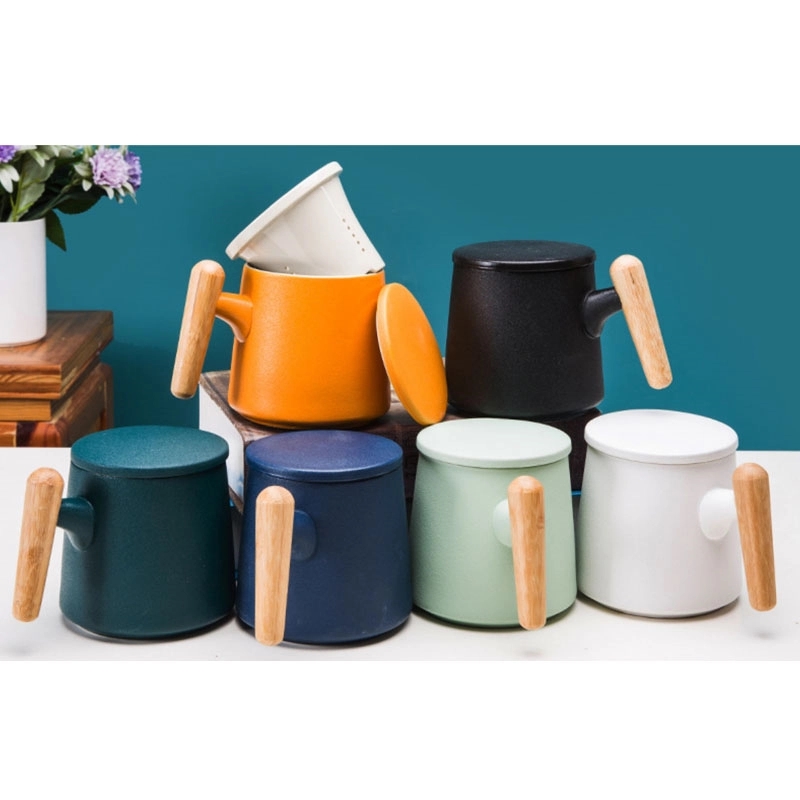 Custom 13.5oz bamboo handle ceramic mug with strainer 14