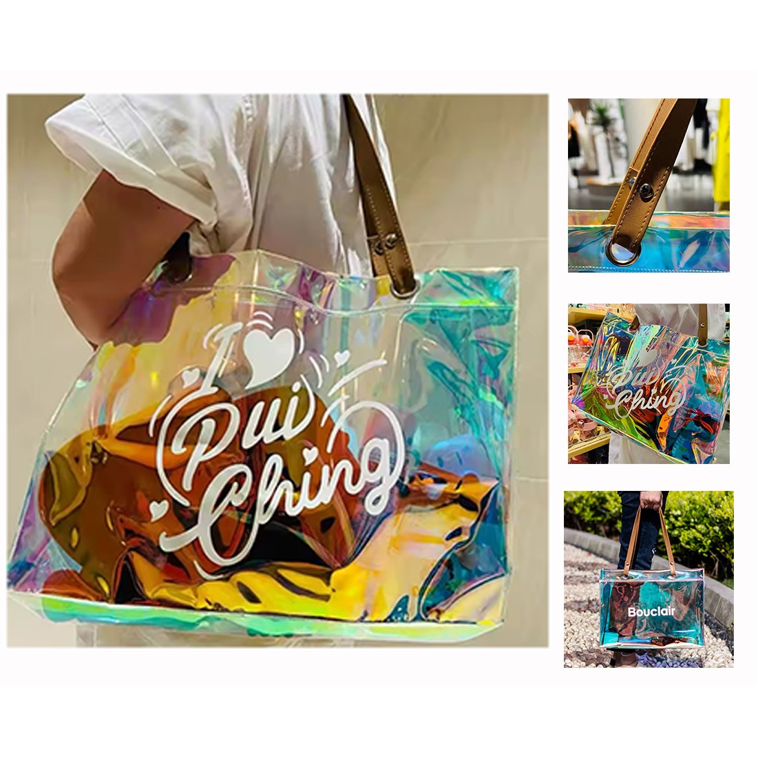 Holographic Tote With Brown Pu Handles 1