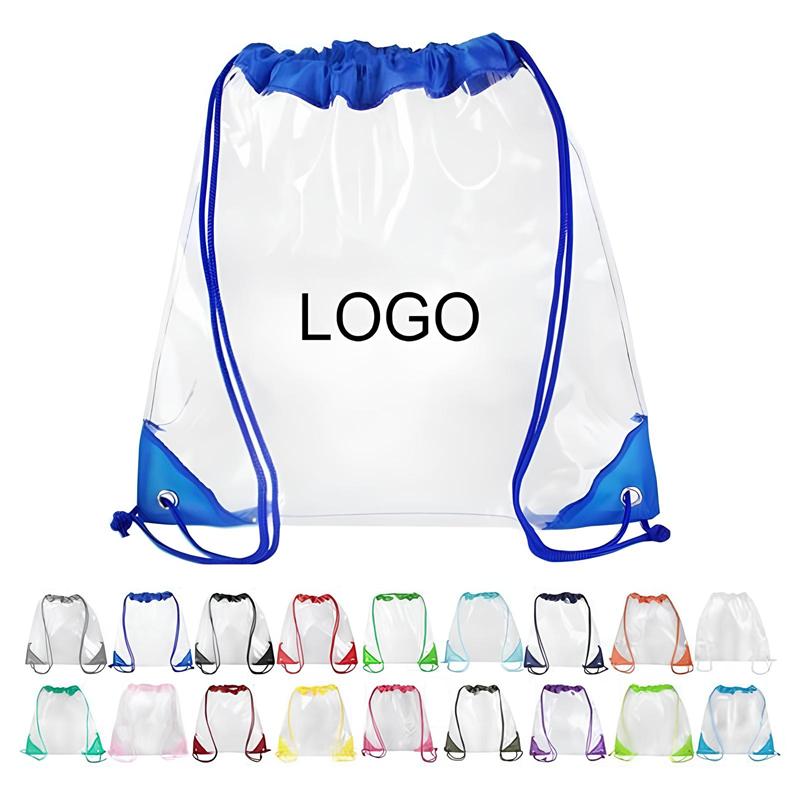 Clear PVC Drawstring Backpack W/ Leather Corner (12" W x 12" H) 2
