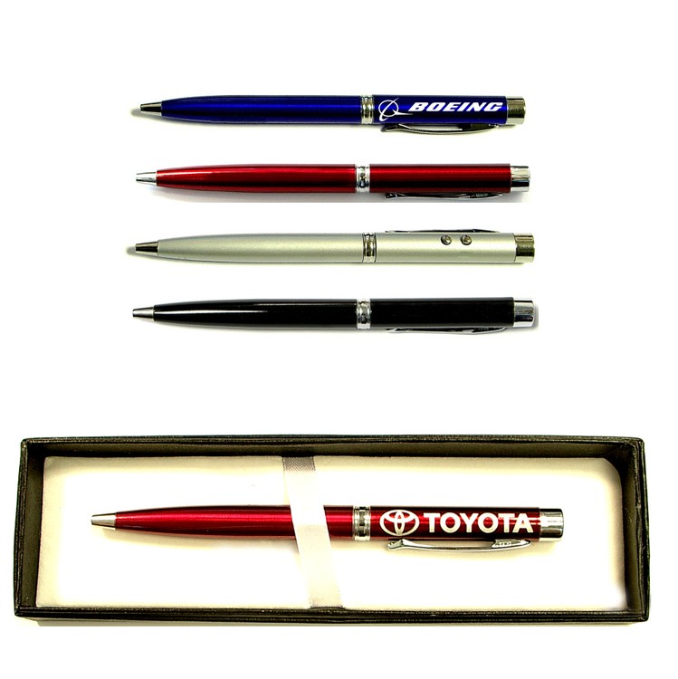 Twist action ballpoint pen with laser pointer and flashlight in gift case
