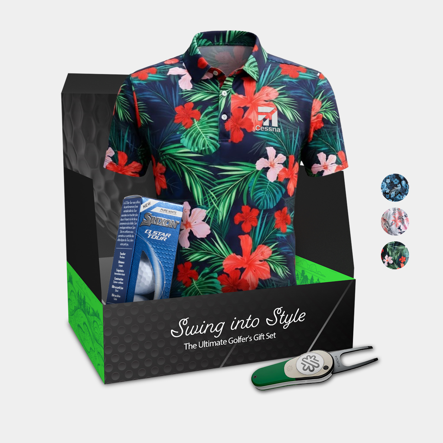 YATTA Golf® Blossom Men's Polo Shirt, Srixon® Golf Balls & Pitchfix® Icon Divot Tool Gift Set 2