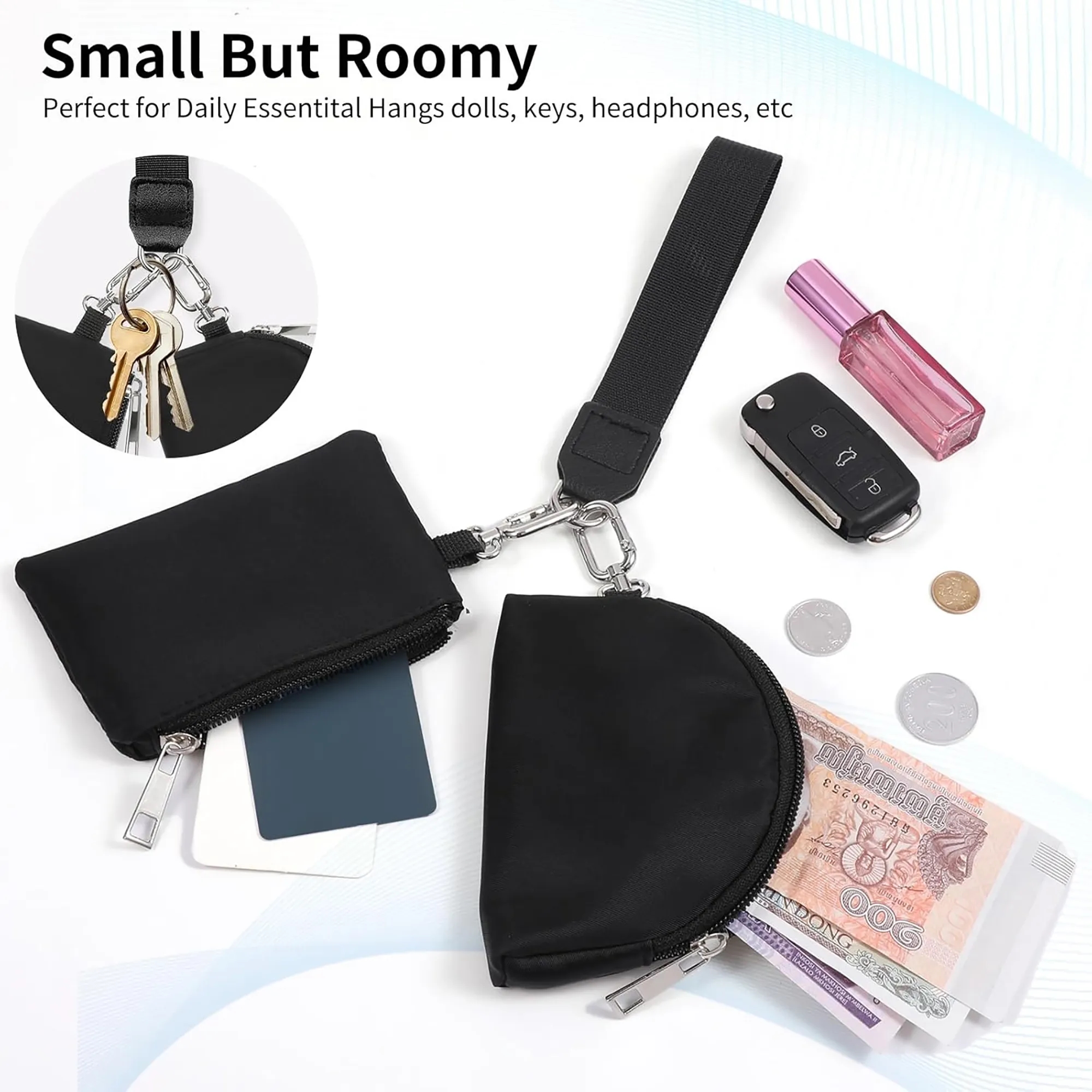 Portable Dual Pouch Wristlet Coin Pocket Keychain 6