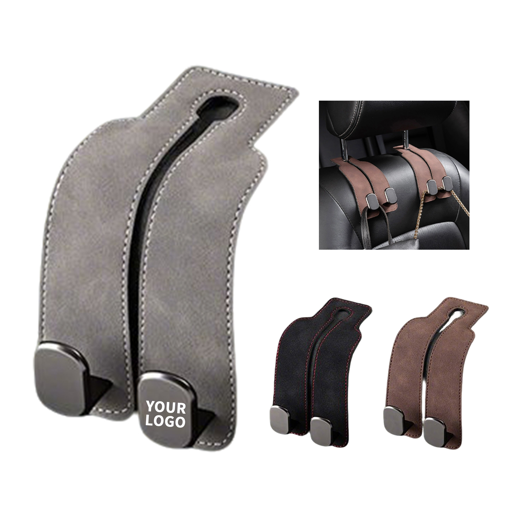 Alloy Headrest Utility Hook With Faux Leather Cover 6.69" Length X 3.35" Width 2