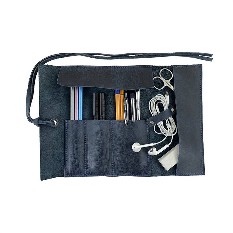 Cowhide Leather Roll Pencil Case Bag 5