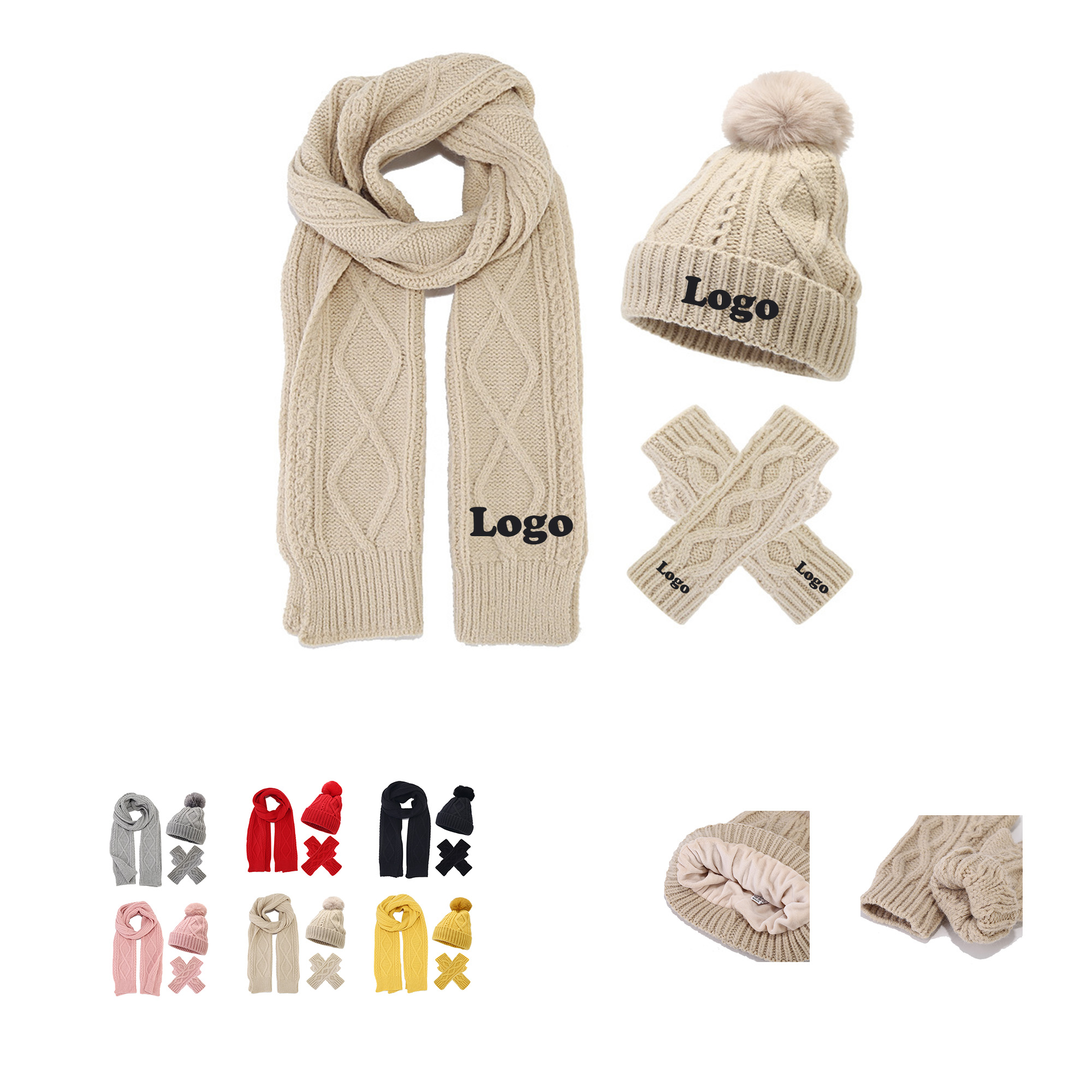 Winter 3Pcs Knit Long Scarf Touch Screen Gloves Set 6