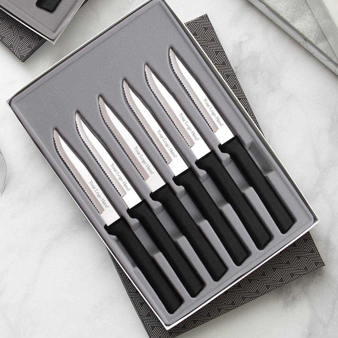 Six Serrated Steak Knives Gift Set w/Black Handle 4