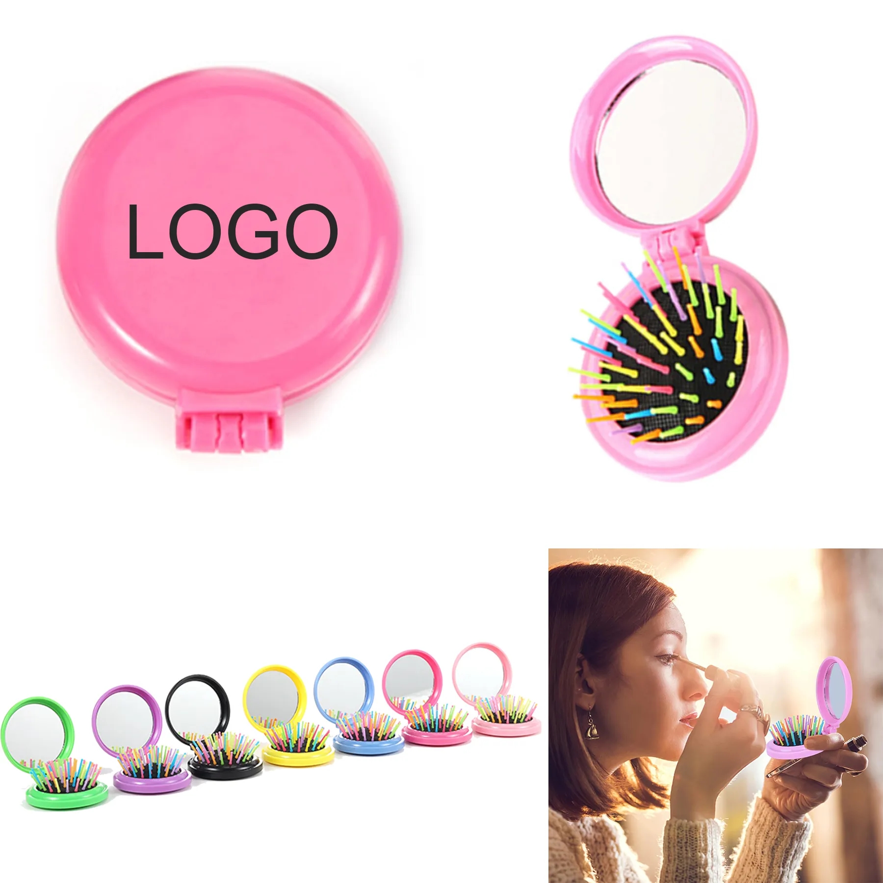 Round Mini Compact Massage Comb With Mirror 4