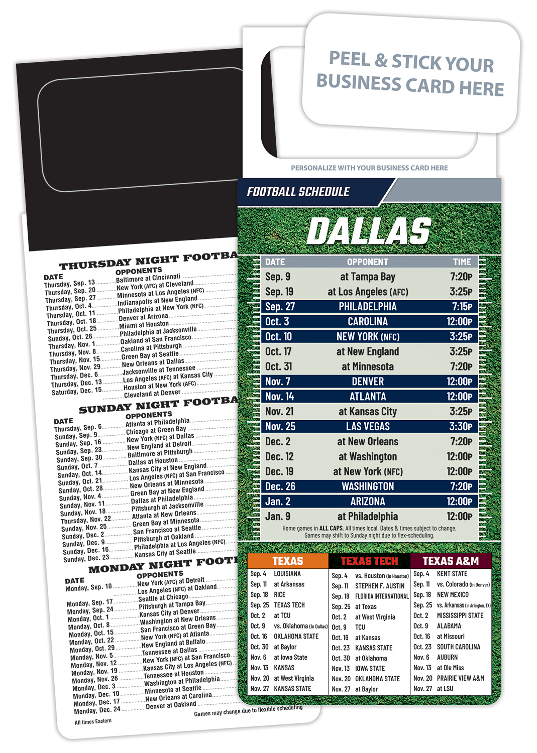 Pro Football Schedule Magnet - Peel and Stick Business Card (3.5x9)