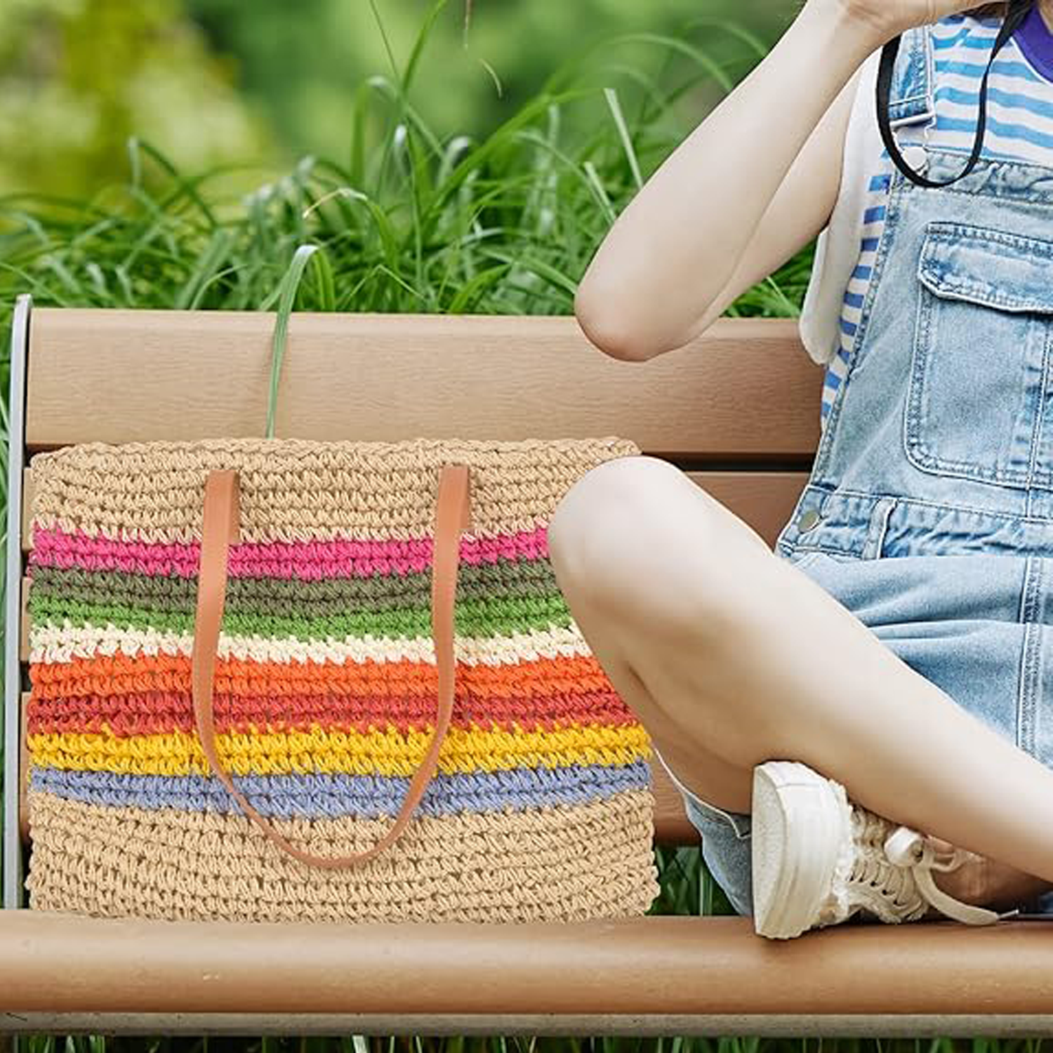 Rainbow Striped Paper Rope Shoulder Bag - Boho Beach Tote 4