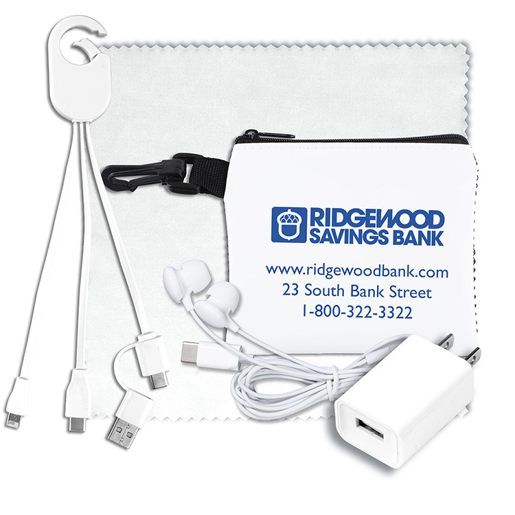 “TechMesh Clip” Mobile Tech Accessory Kit in Mesh Zipper Pouch Components inserted into Zipper Pouch 3