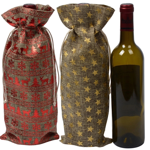 Jute Christmas Drawstring Wine Bags 4