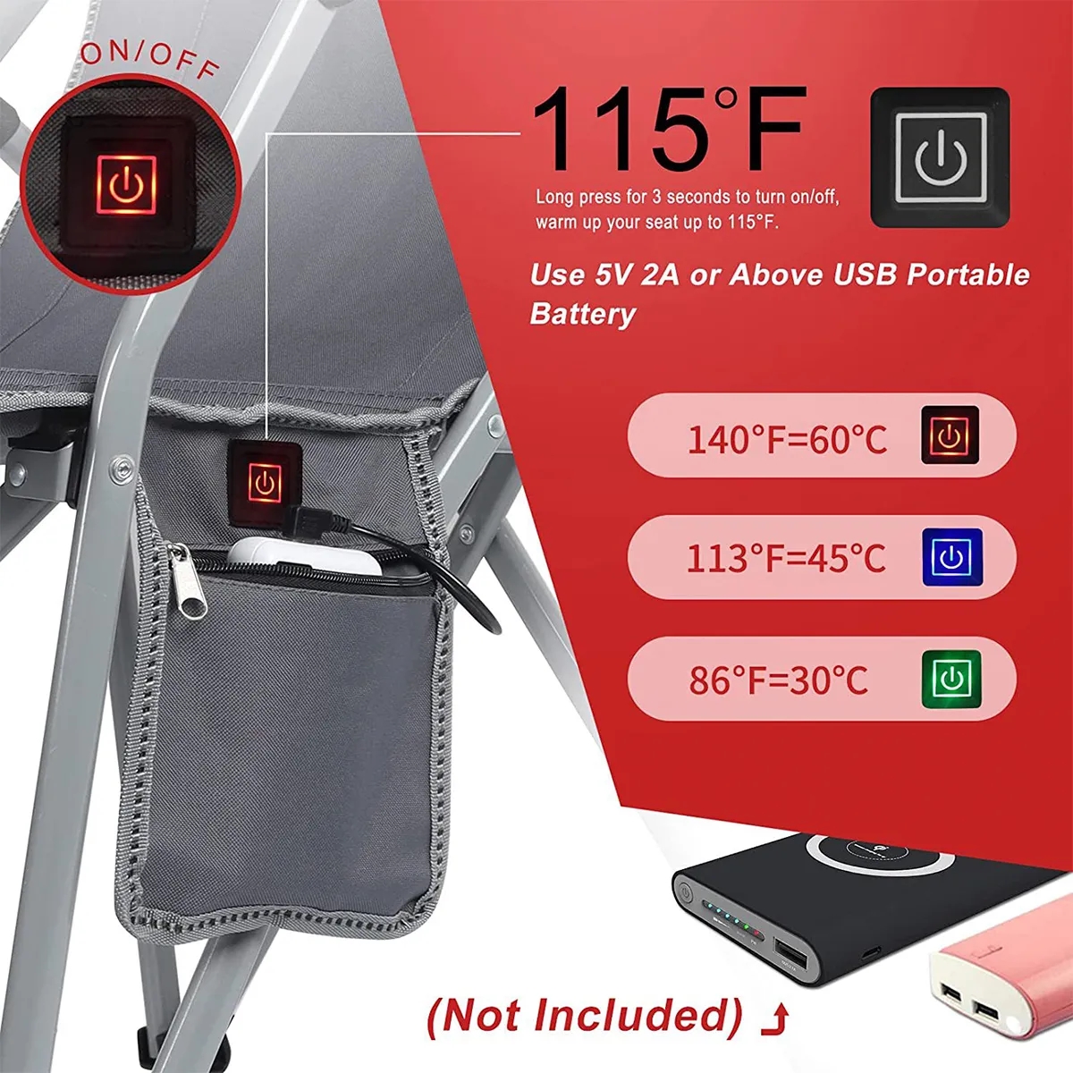 USB Heated Portable Folding Camping Lawn Chairs with Armrest 2