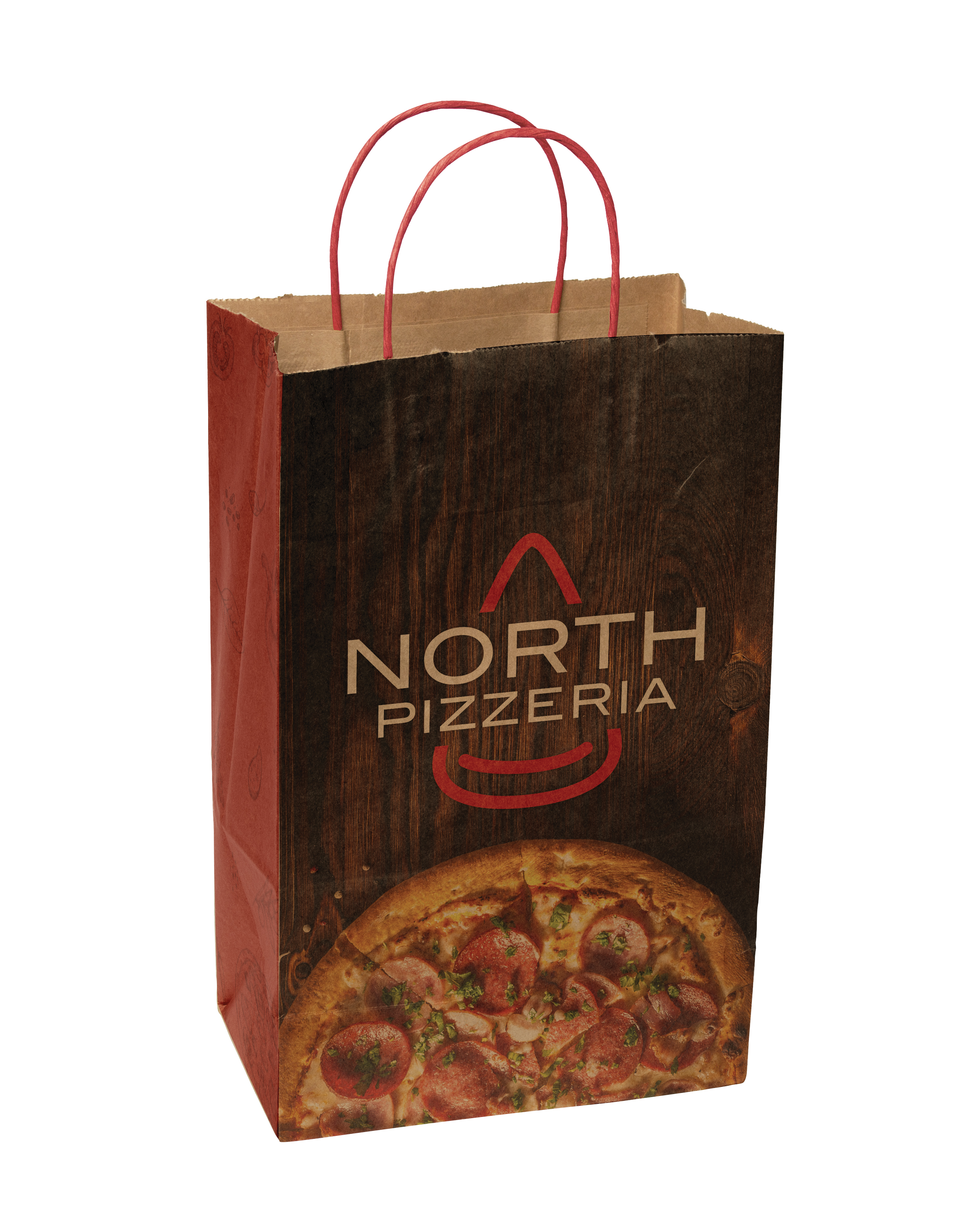 Multi-sided Full Color Natural Shopper Paper Bag - Red Handle (8.5" x 13.375" x 5")