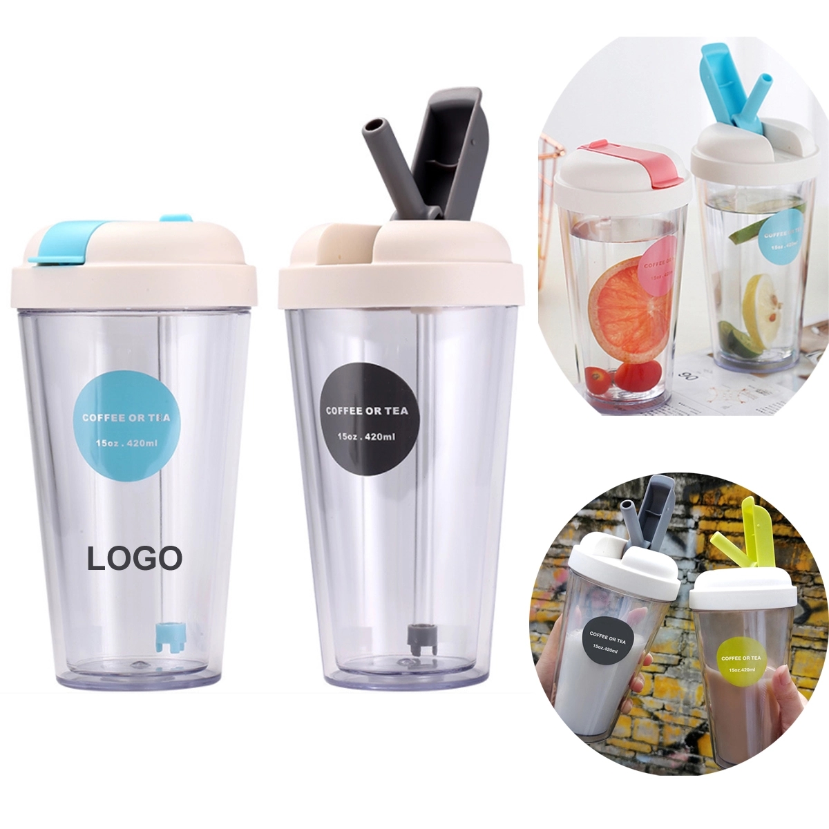 15Oz Reusable Double Plastic Flip Tumbler Cup With Straw 2